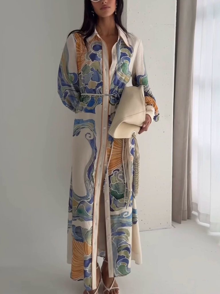 Best Sheike Wren Maxi Shirt Dress 2/6/10 Watercolor Print Vacation Cocktail — image 2 of 8
